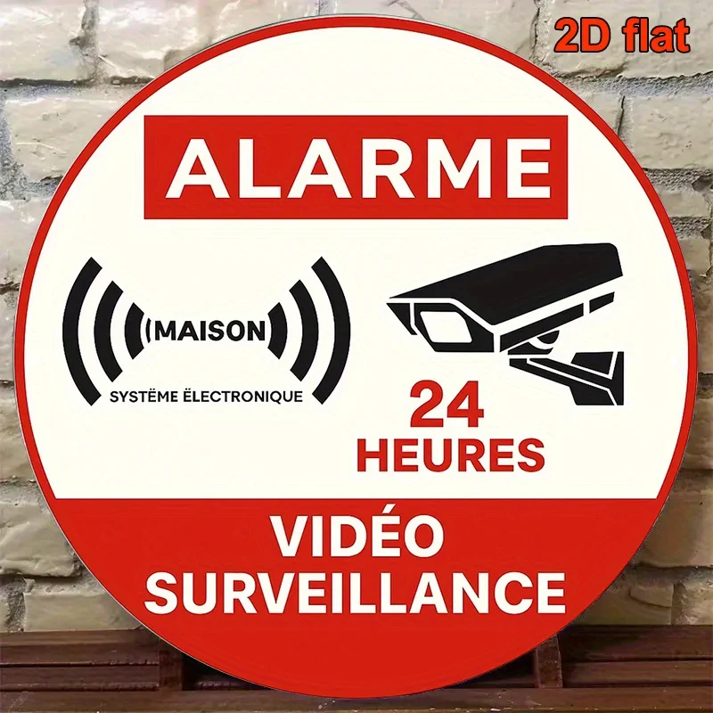 2D Flat French Video Surveillance Sign - 24/7 Camera Icon Round Aluminum for Home Office Garage Shop Warehouse Security Gift