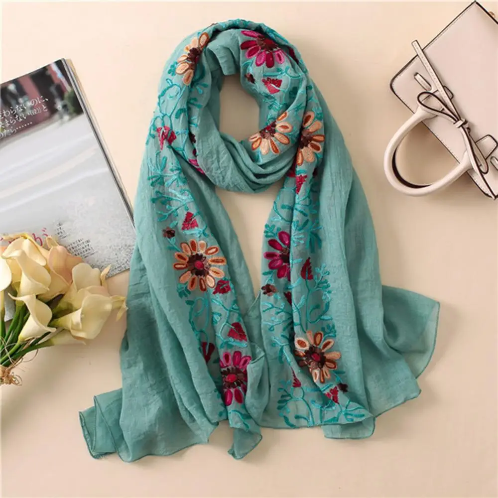 Embroidered Flower Scarf Cotton Women Long Wrap Bandana Scarves Girl Shawl Gift Muslim Hijab Cap Indian Bandana Wrap Headband