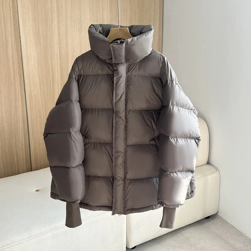 Janveny 2024 Winter New Cropped Puffer Jacket Women Lapel Collar Loose Warm Soft Puff Bread White Duck Down Coat Versatile Parka