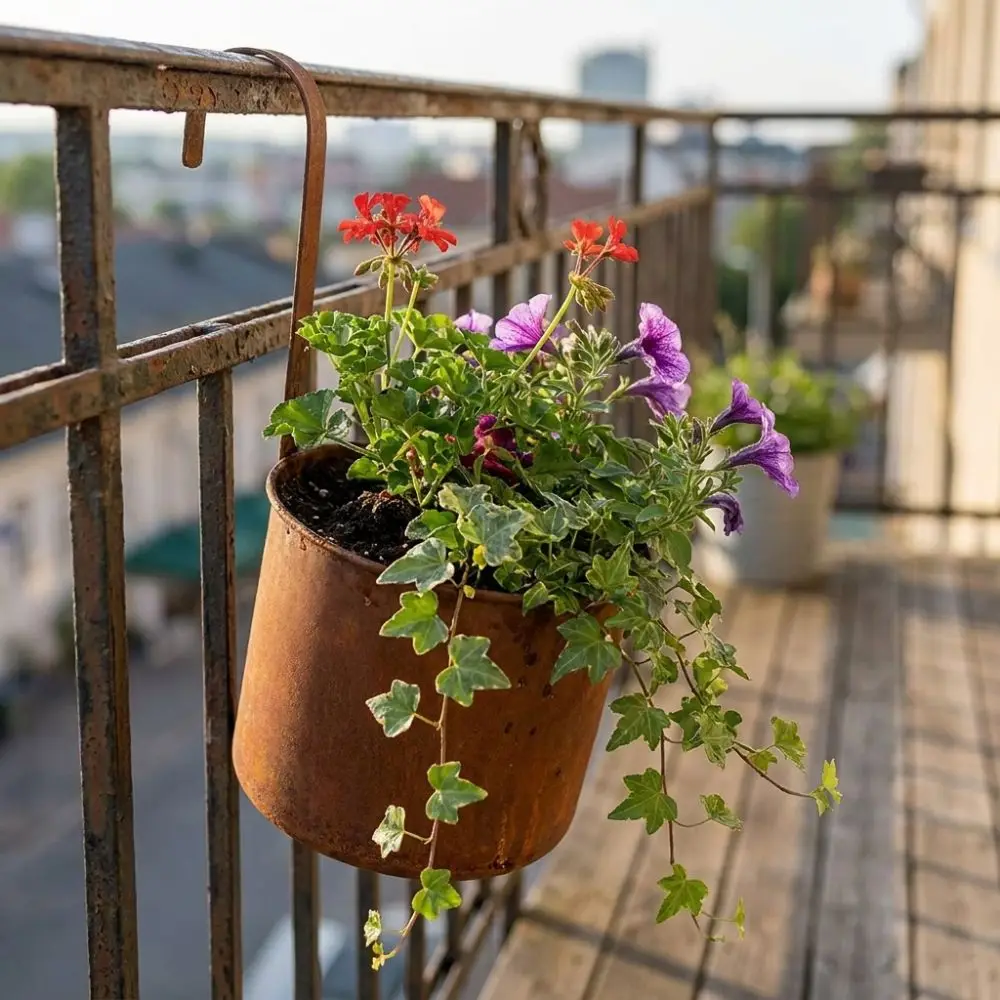Handcrafted Wall Hanging Flower Bucket Rusted Iron Antique Styles Hanging Flowerpot Rust-Proof Weather-Resistant