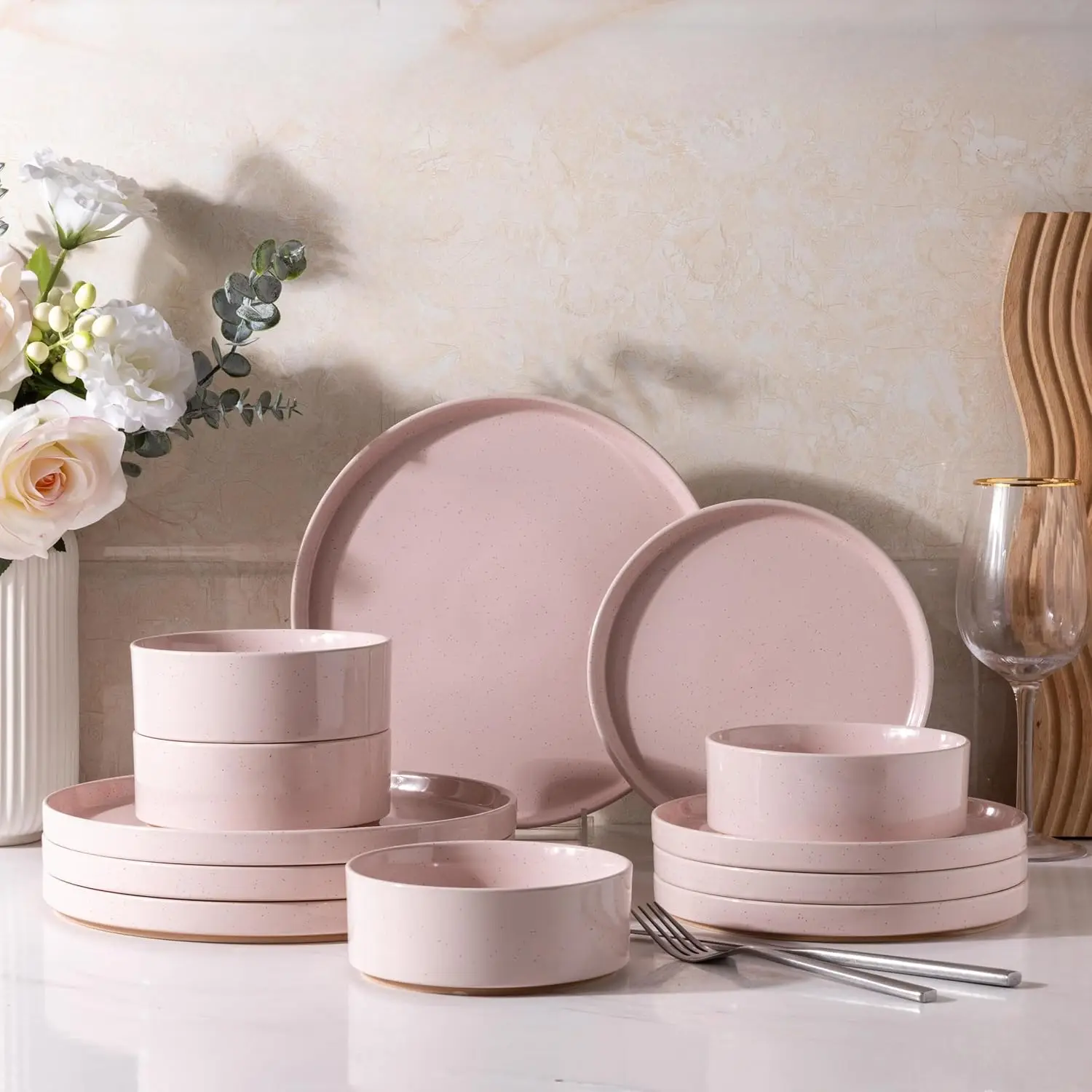 

Speckled Stoneware Dinnerware Set for 4 | 12-Piece Pink Plates and Bowls | Dishwasher & Microwave Safe