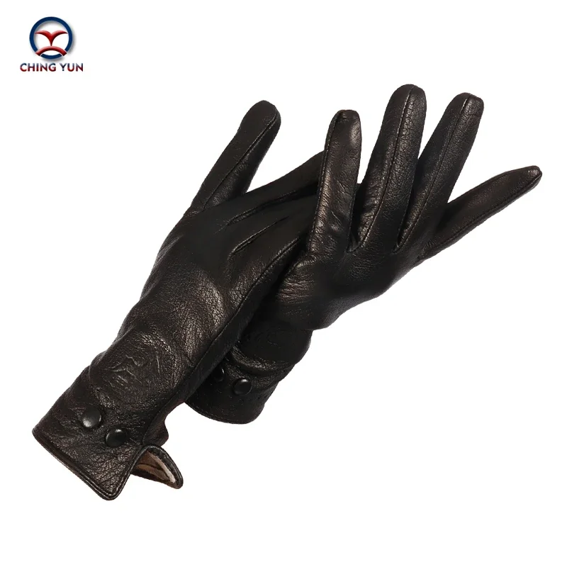 

CHING YUN 2023 New Women's Gloves Winter Genuine Leather Buckskin Woman 70% wool knit lining Female trend lady fashion Mittens