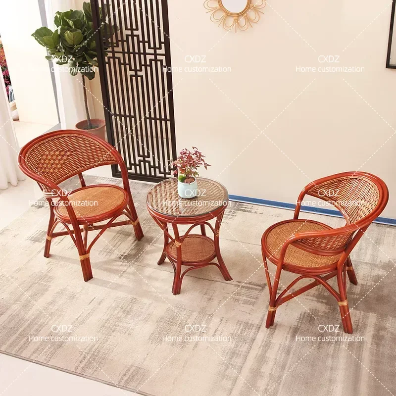Real Rattan Chair 3 Piece Set Balcony Leisure Combo with Tea Table and Stool Household Backrest Chair for Elderly Foshan