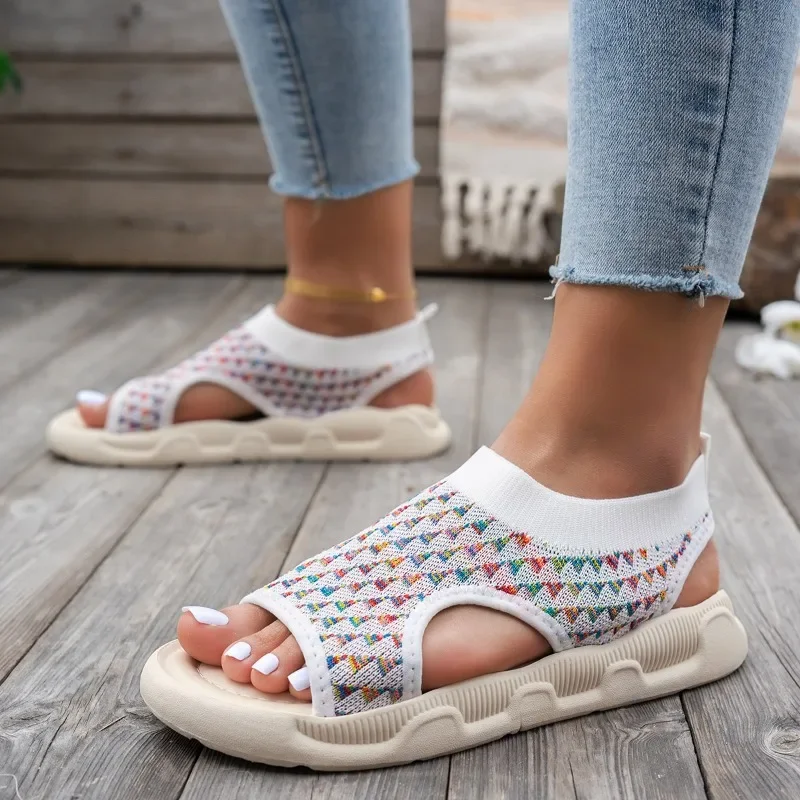 

Ladies Shoes 2025 Knitted Women's Sandals Summer Casual Sandals Women Mixed Colors Slip on Flat with Plus Size Shoes Female