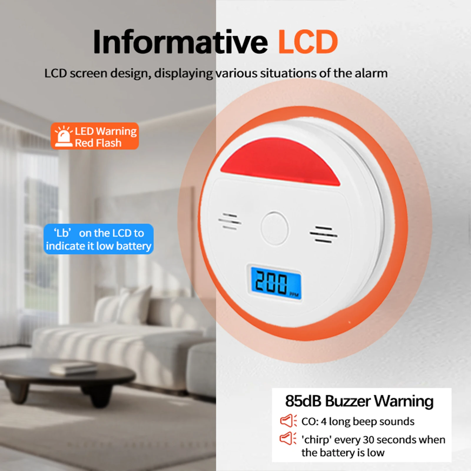 Household CO Sensor with Built In Siren Alarm Function High Sensitivity Wireless Carbon Monoxide Poisoning Smoke Detector