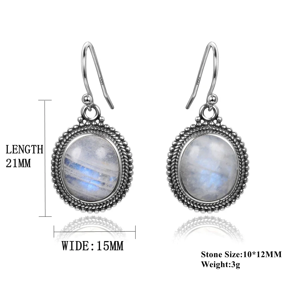 Silver Plated Earring Large Oval Natural Moonstone Earrings for Women Vintage Luxury Ear Jewelry Party Birthday Gift