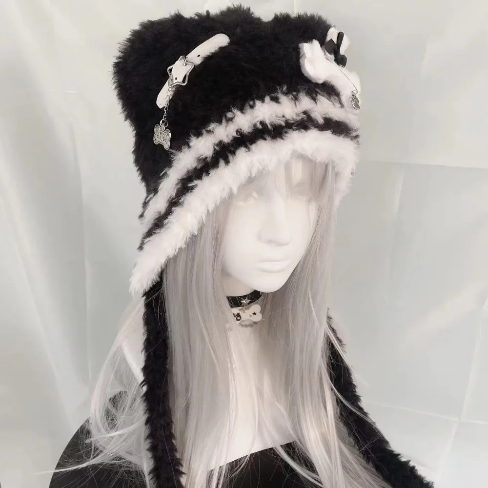 Spicy Girls Fluffy Gothic Harajuku Hat Knitted Punk Lolita Hat Little Bone Cross Star Y2K Style Beanie Hat