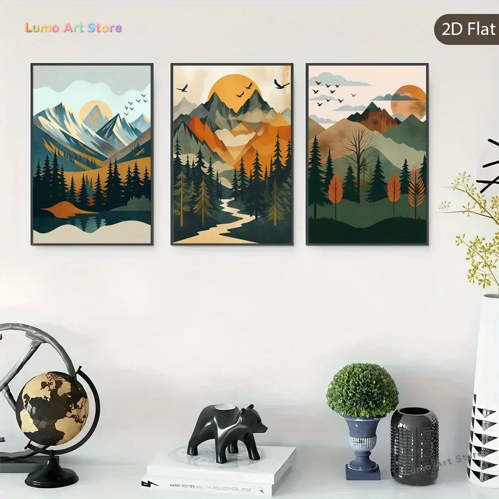 3pcs Unframed Mountain Vista Canvas Print, Tranquil Sunset Wall Art, Forest Silhouettes Wall Art Poster, Nature Harmony Artwo