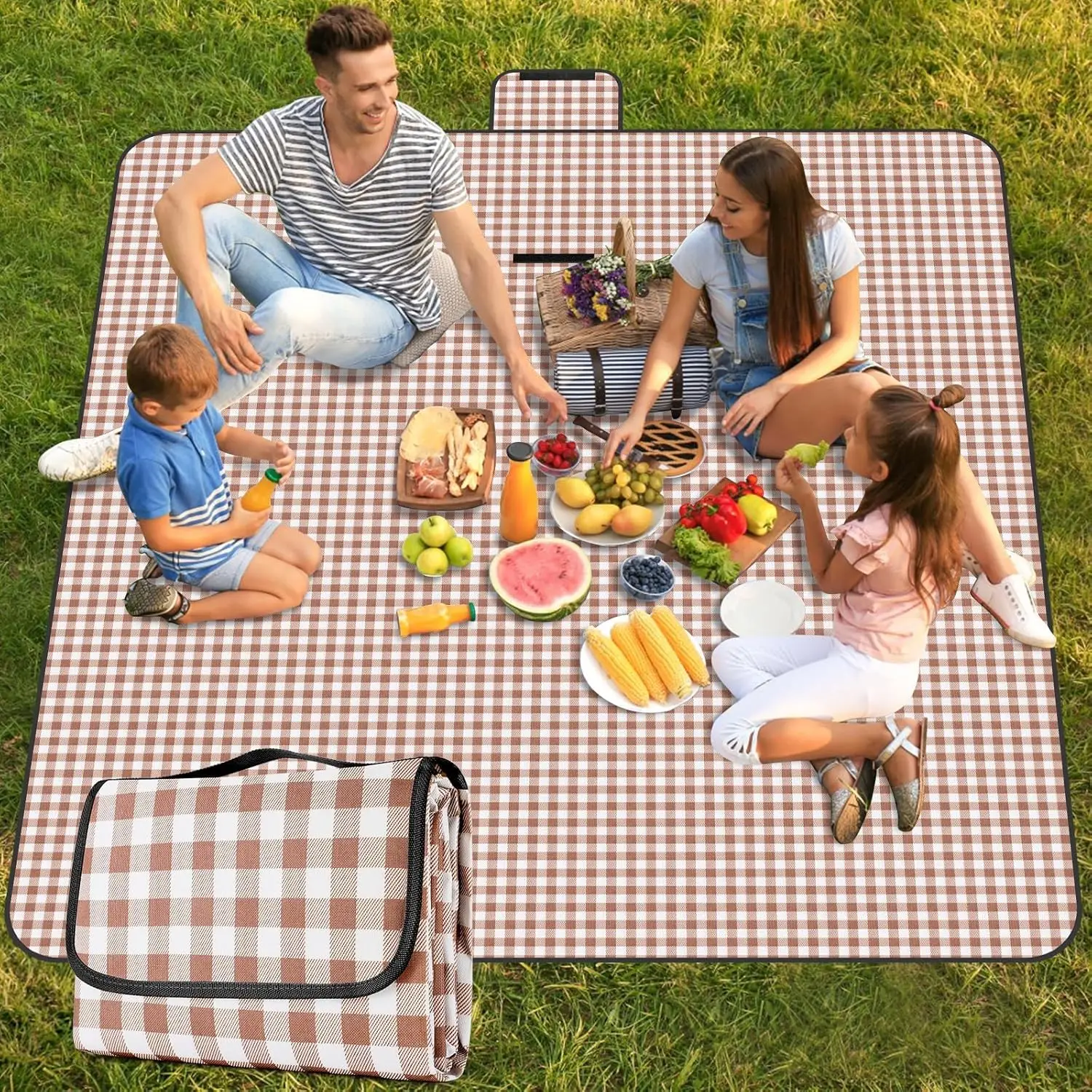 

Waterproof Picnic Blanket 80x118 Inch - Large Beach Mat with Handle, Checkered Design for Camping, Hiking, Travel