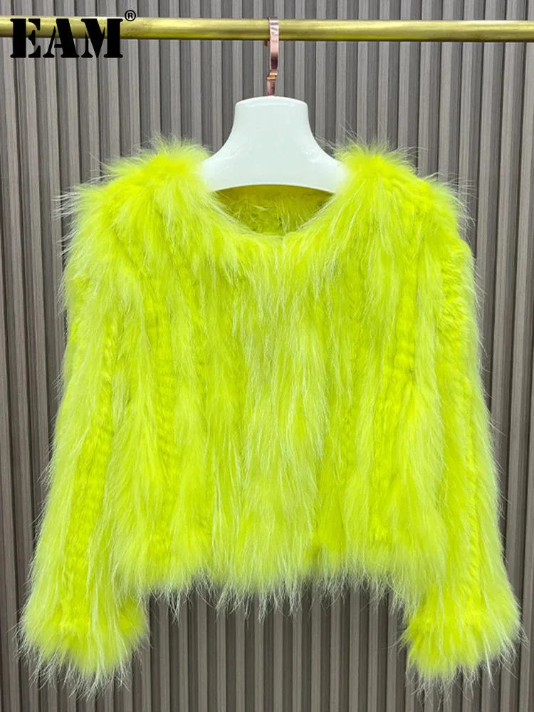 [EAM] Green Big Size Warm Tassels Faux Fur Jacket New O-neck Long Sleeve Women Coat Fashion Tide Autumn Winter 2024 1DH8511