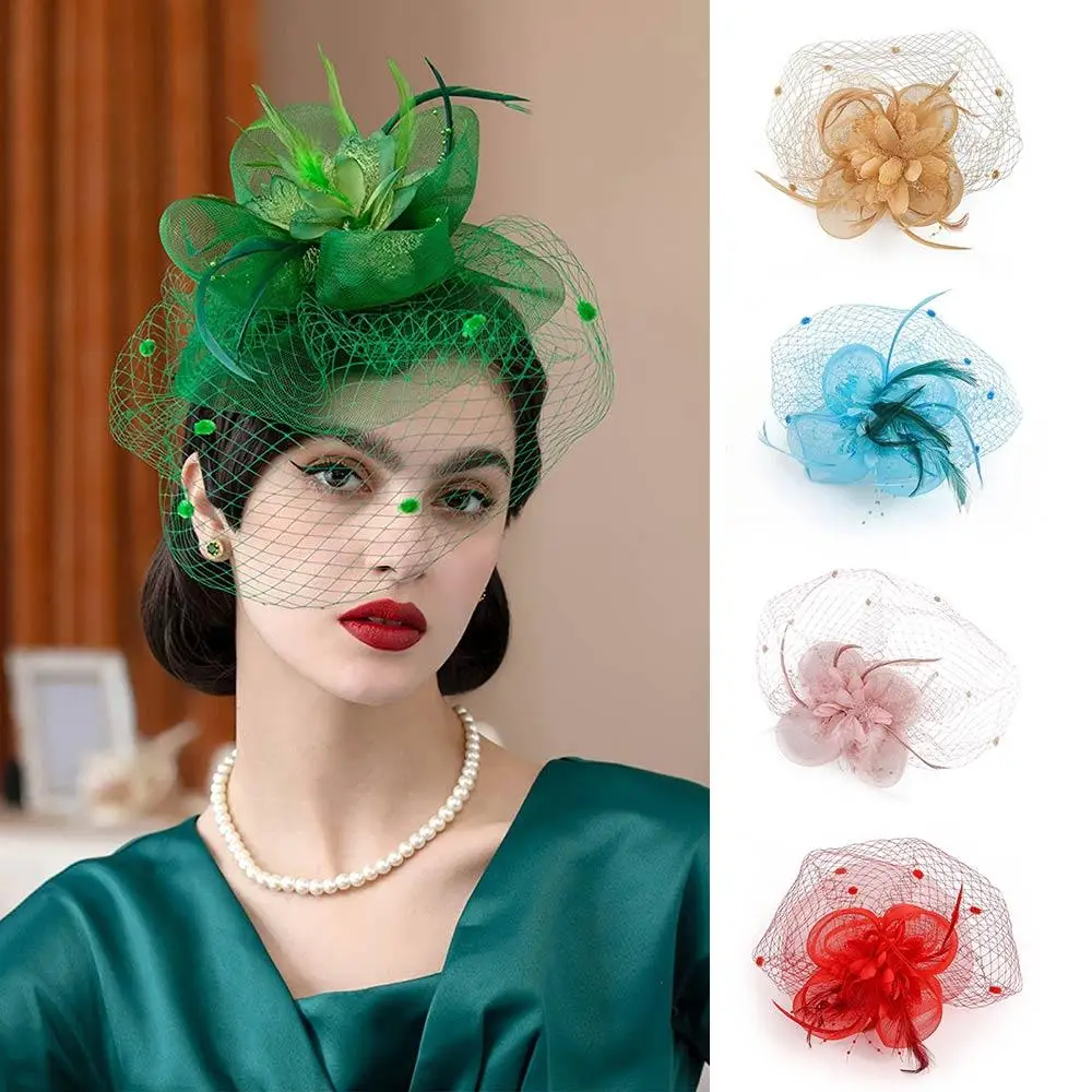 Vintage Tulle Petal Mesh Flower Headwear Veil Headband with Hair Clip Feather Headpiece Horse Racing