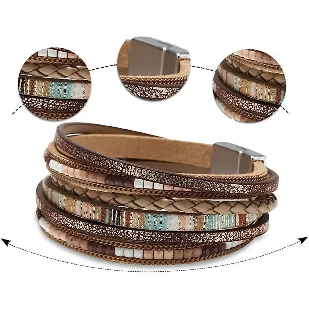 Women Bracelet Boho Style Multi-layer Women's Faux Leather Bracelet Handmade Ethnic Cuff Jewelry Fashion Women Bracelet