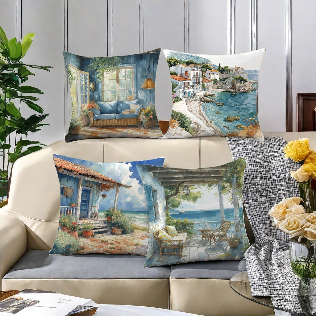 1PC 2D Flat Watercolor Coastal & Cottage Throw Pillow Covers Mediterranean Style Home Decor Non-real Embroidery