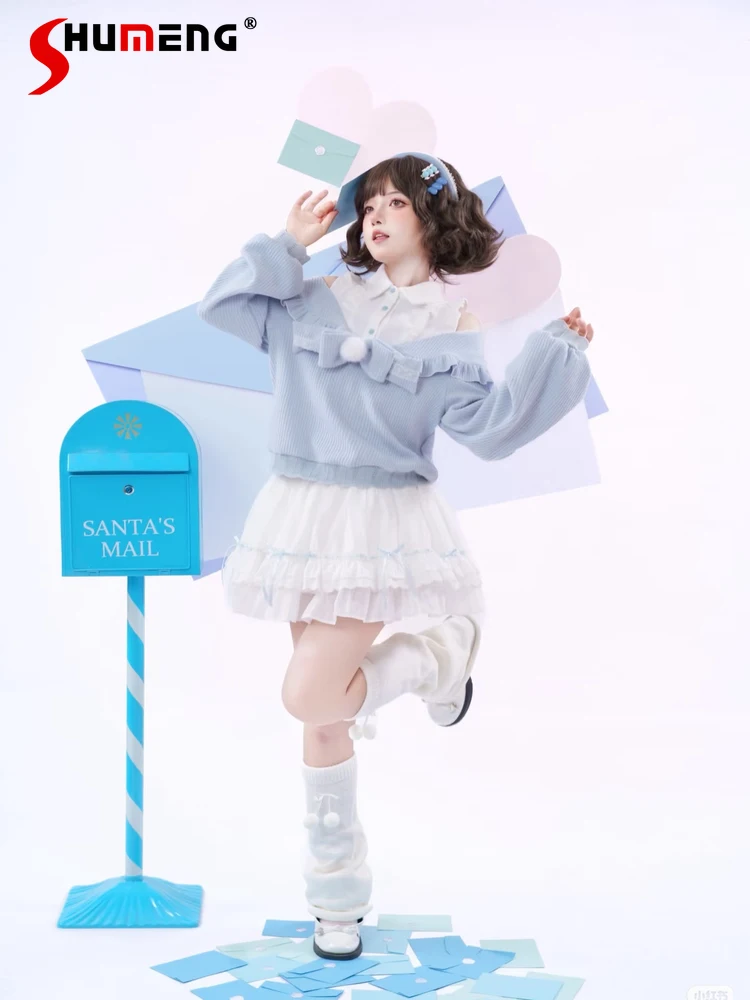 

Милые милые свитера с открытыми плечами и длинными рукавами в японском стиле, белые юбки-торты с высокой талией, мягкий комплект из двух предметов для девочек для женщин