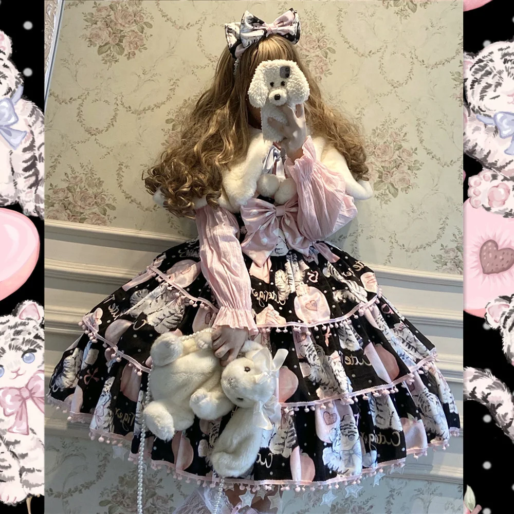 Lolita Kawaii Girl Tea Party Robe à bretelles pour femme, nœud papillon épais, taille haute, impression mignonne, Cosplay Cos