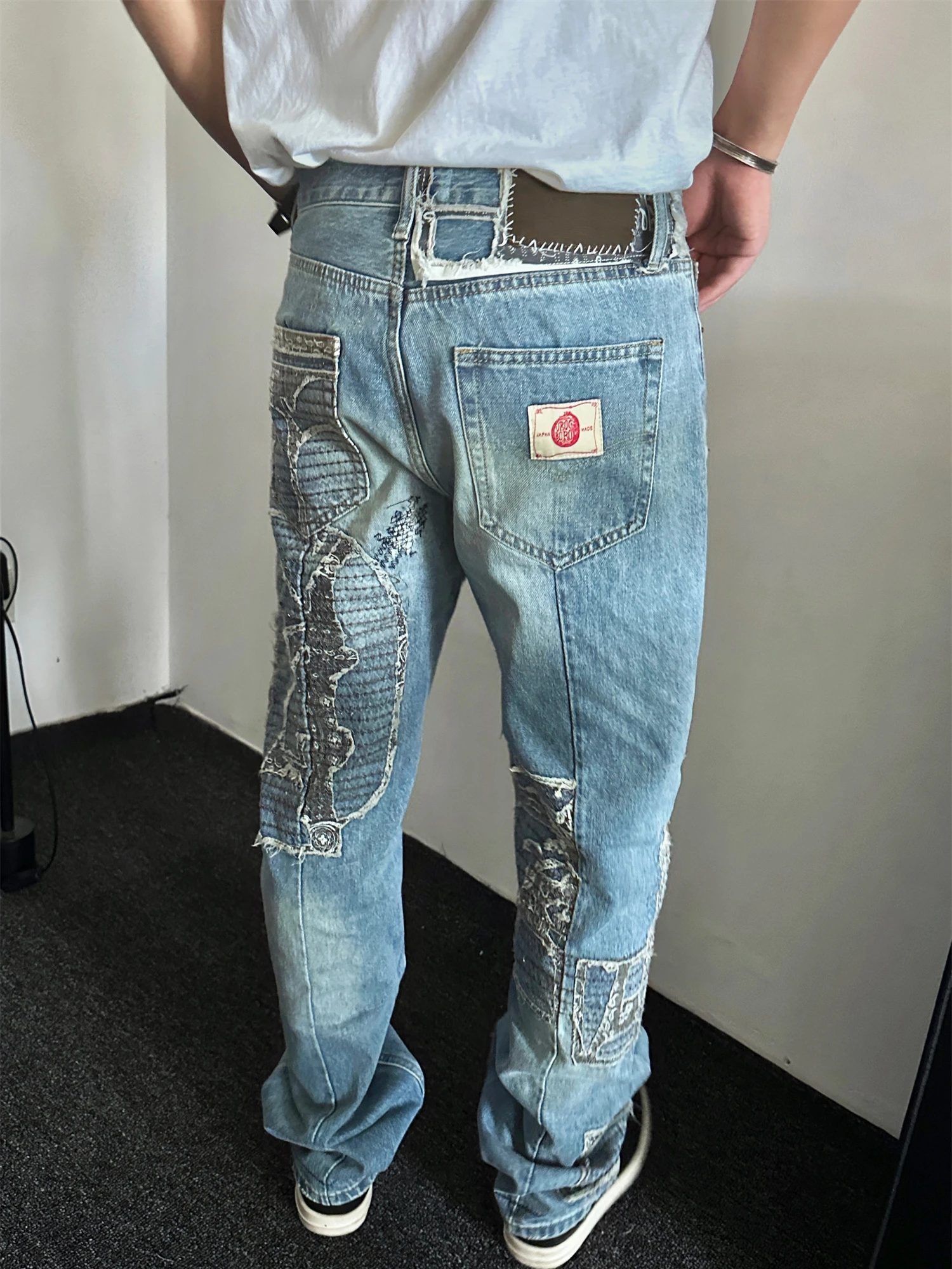 

Waed Heavy Embroidery Straight Leg Jeans Vintage Patchwork Durable Cotton Denim Youthful Faion for Young Men All Seasons