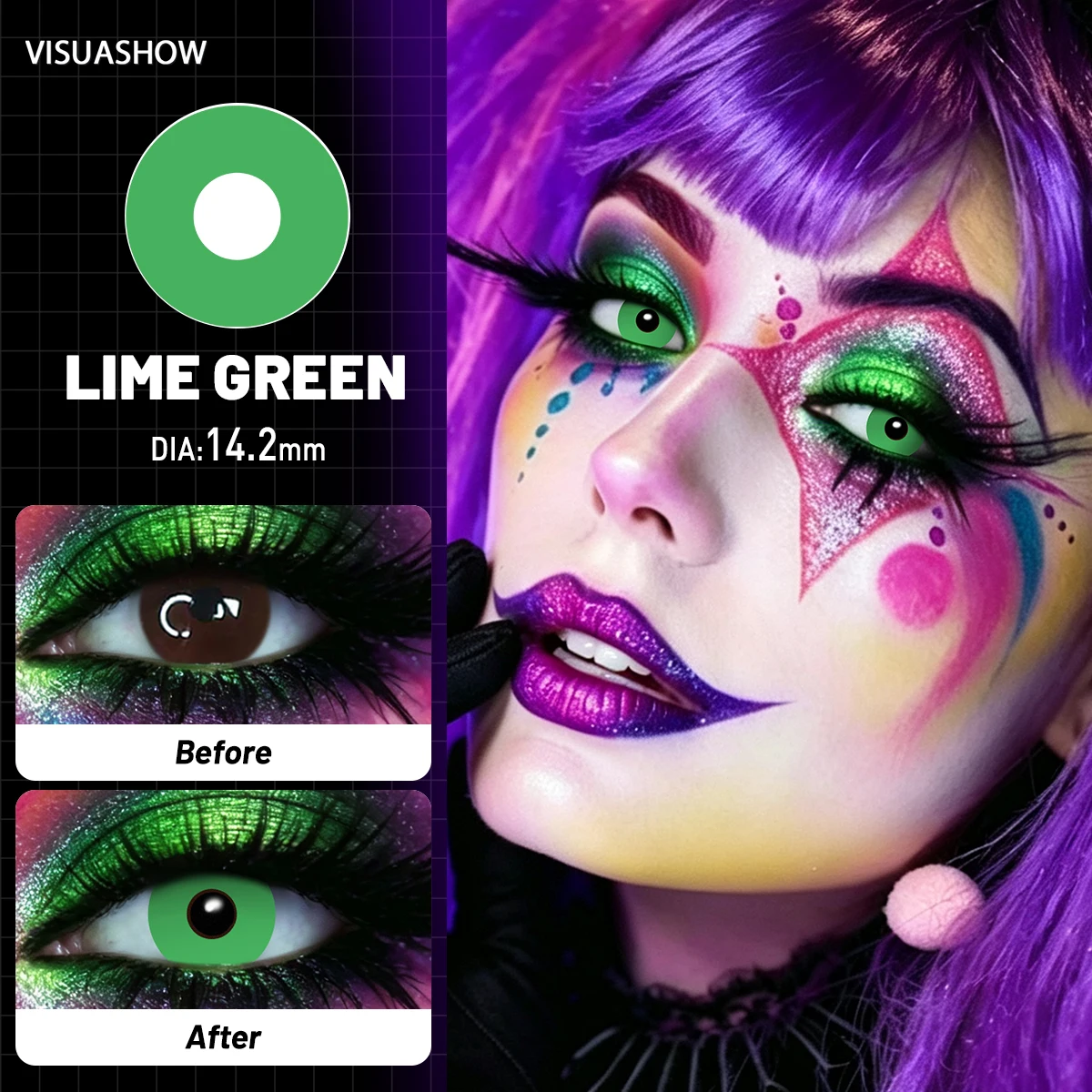 Lalens Grüne Anime-Cosplay-Farbkontaktlinsen, 1 Paar, 14,2 mm, Kosmetiklinsen für Cosplayer, Halloween, Weihnachtsfeier, Kostüm, Augen-Make-up