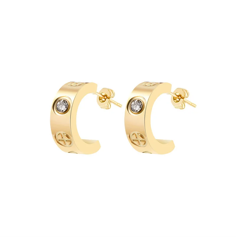 Screw Stud Earrings for Men Women Girls Zircon Half-circle Cross  Gold Color Titanium Steel Jewelry(E005)