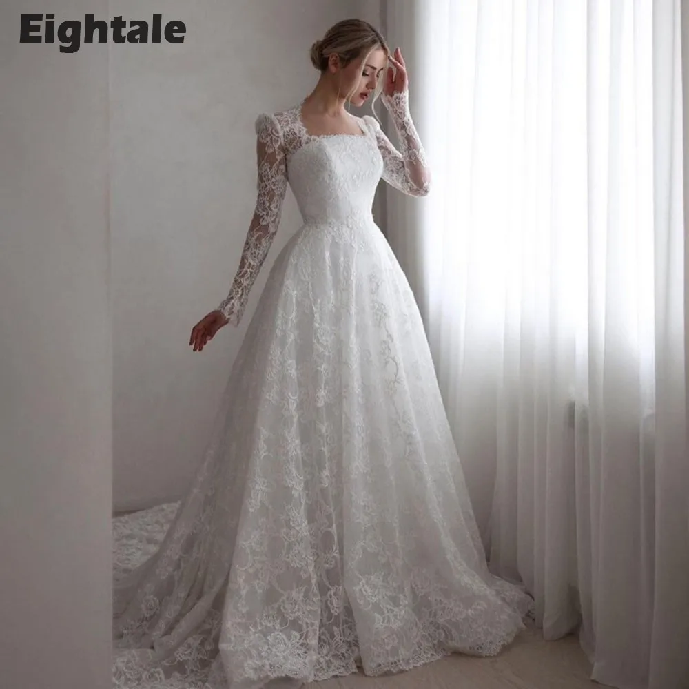 Eightale Boho Hochzeitskleid Spitze Maßgeschneiderte Lange Ärmel A-Linie Spitze Arabisch Weiß Elfenbein Brautkleid Vestido De Noiva