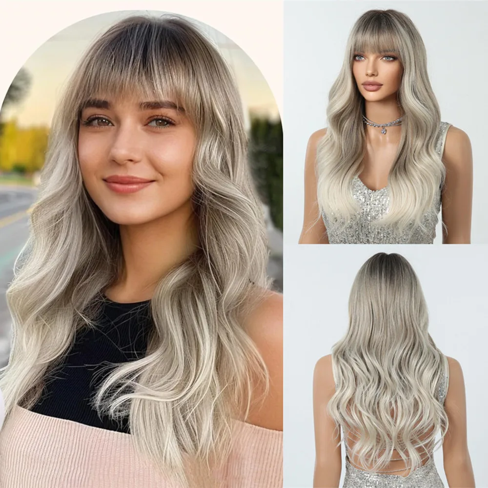 

HENRY MARGU Ombre Ash Blonde Wavy Wig Long Gray Blonde Wigs with Bangs Heat Resistant Synthetic Fiber Wigs Natural Looking Hair