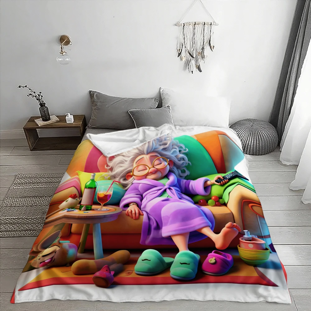 Funny Sleeping Grandma, Gift for Her, Blanket, Colorful Cartoon Design, Home Decor, Soft Cozy Multi-Purpose