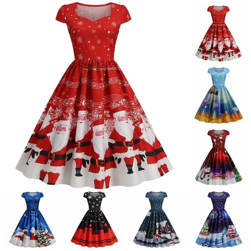 

Ретро-платье с принтом и квадратным вырезом для женщин, модное, из полиэстера, с коротким рукавом, миди-длина