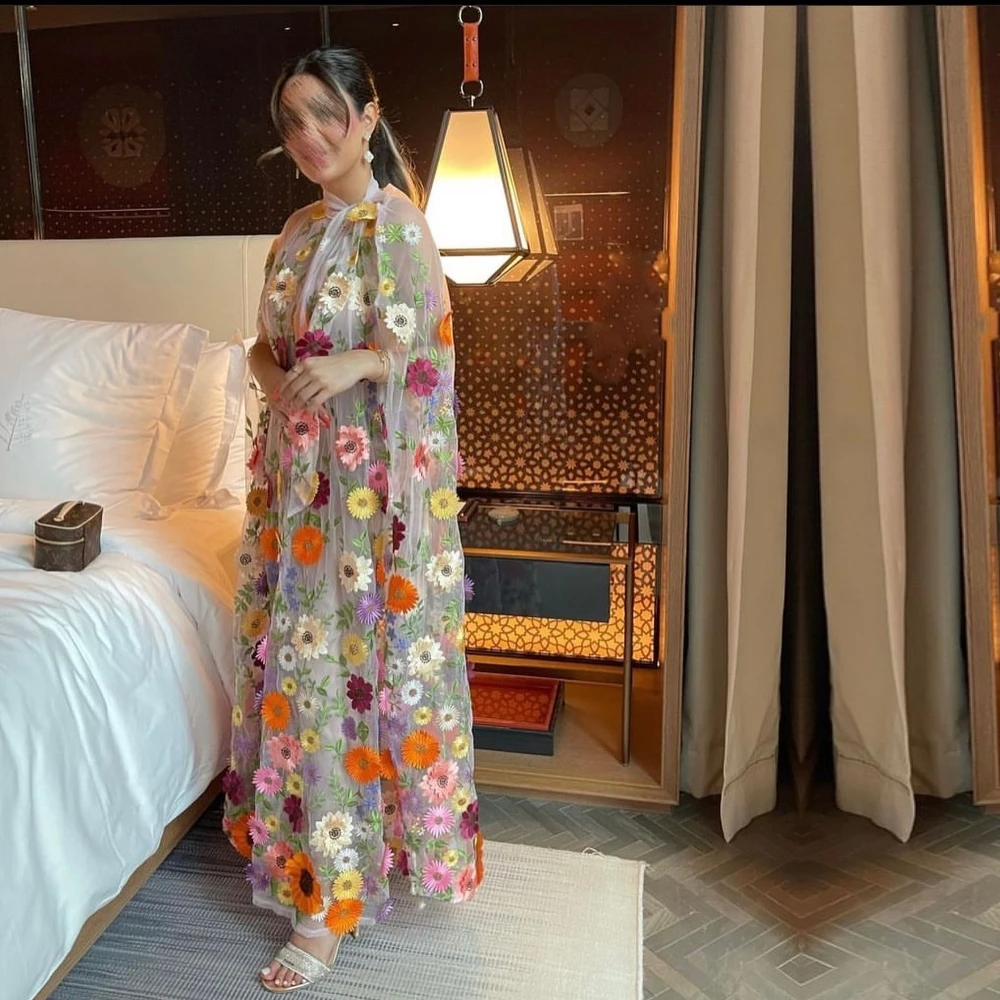 Jiayigong-Robe de soirée à fleurs en organza, ligne A, col haut, sur mesure, robes mi-longues, Arabie saoudite