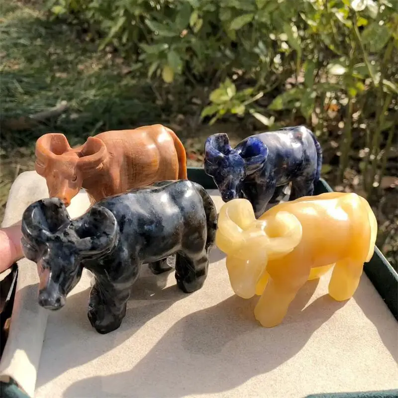 Natural Quartz Stone Buffalo Carving Polished Animal Powerful Statue For Home Decoration Holiday Gift 1pcs
