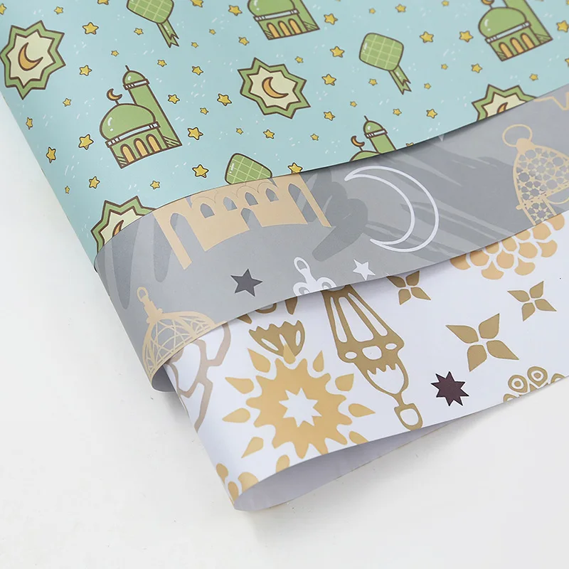 10PCS 50*70cm Eid Mubarak Gift Wrapping Paper Ramadan Kareem Mosque Lantern Crescent Pattern Paper Islamic Muslim DIY Packaging