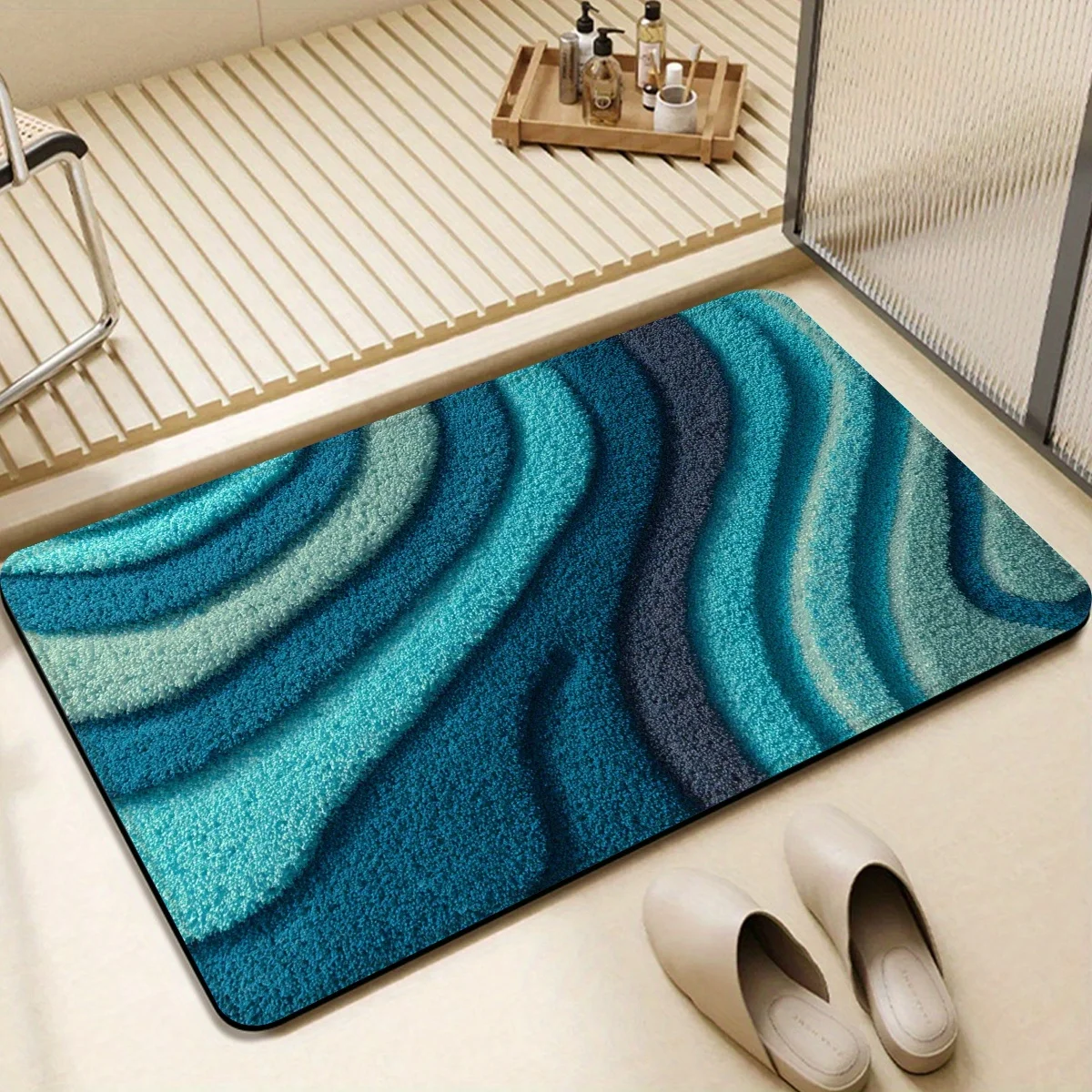 Blue Green Wave Pattern Flannel Bath Mat Non-slip Absorbent Bathroom Rug Soft Floor Carpet for Shower Room Home Decor