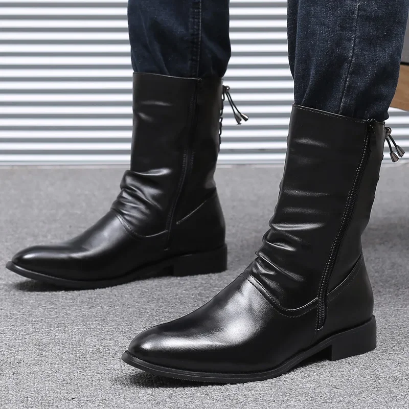 

New Autumn and Winter Men's Leather Boots, Fashionable Pointed Black Motorcycle Boots, British Style High Top Mid Top Boots