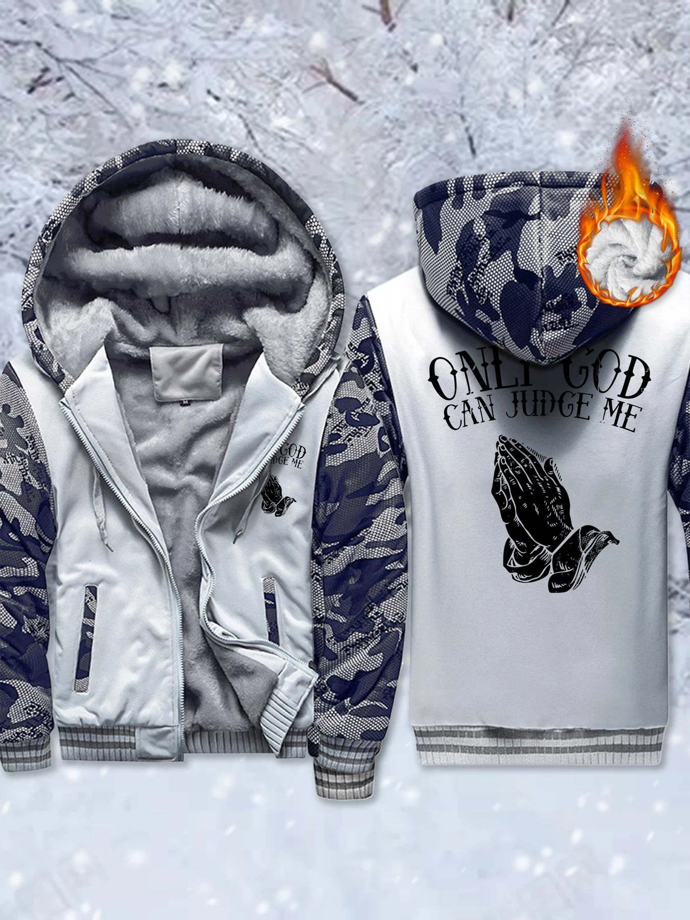 

Only God Can Judge Me Pattern Fleece Thicken Jacket Mens Pocket Comfy Outwear Zip-Up Winter Hoodie Warm Basics Coat Oversize Top