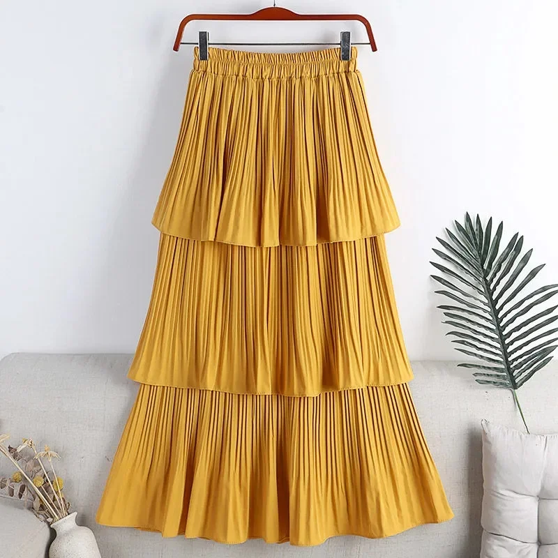 

2025 New Spring Summer Tiered Maxi Tulle Skirt Women Elegant High Waist Pleated Tutu Mesh Long Skirt Female Puffy Ruffled Skirt