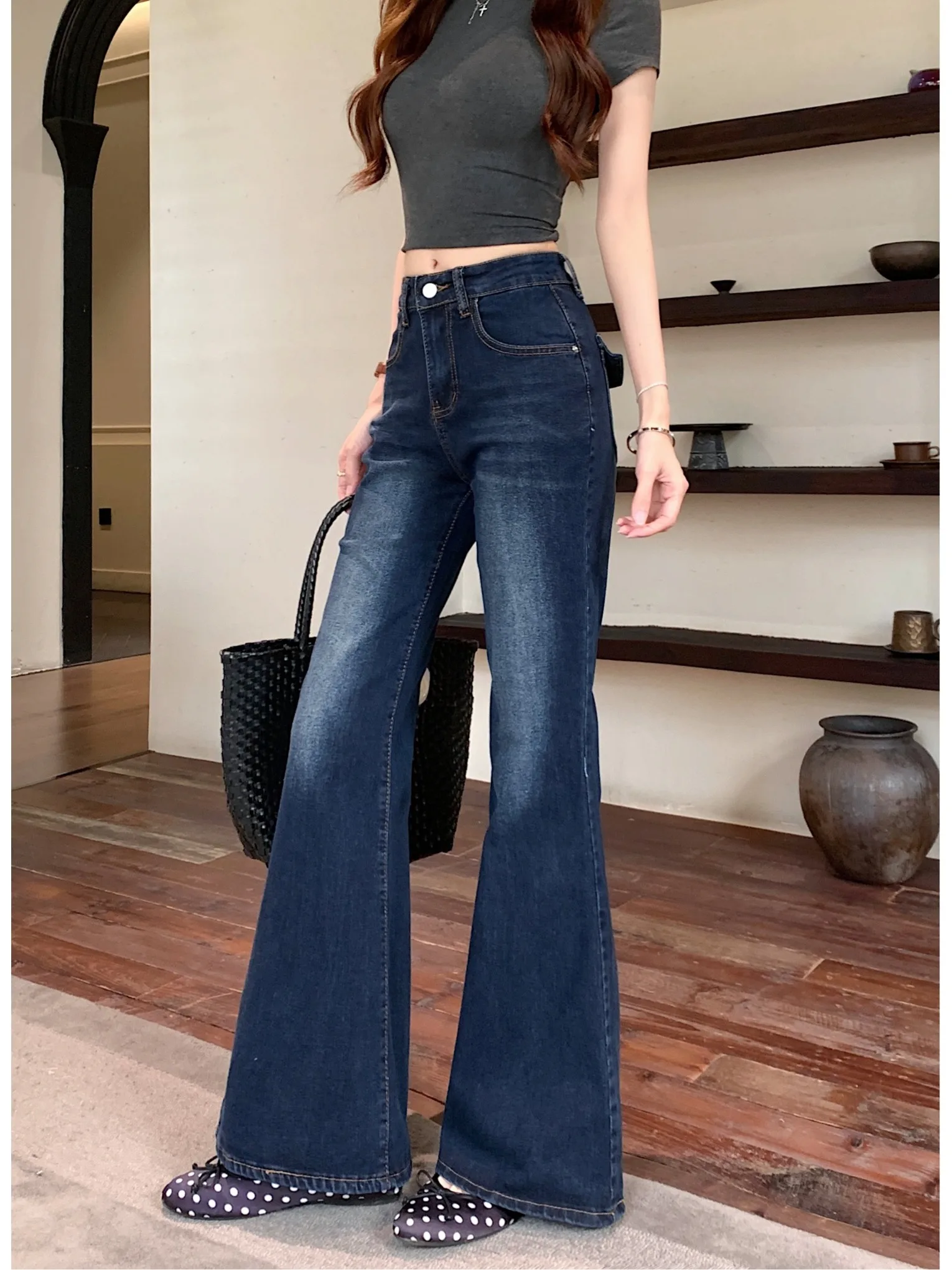 High Waist Retro Blue Washed Micro Flared Denim Jeans Women's Stretch Slimming Floor Length  Hoof Pants Commute Style