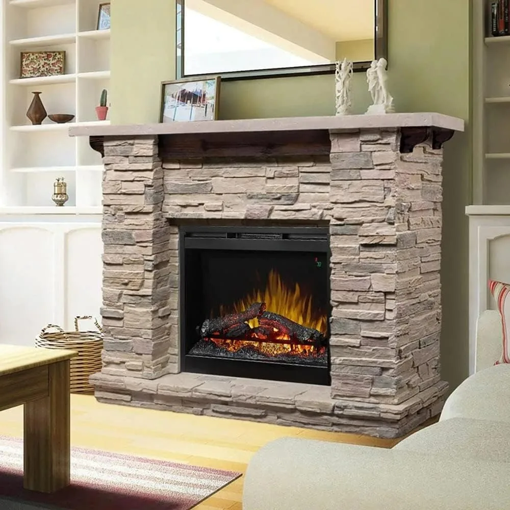 

Featherston Electric Fireplace with Mantel Surround Package | Pine with Gray Stone-Look, Includes 28" Electric Firebox Heater