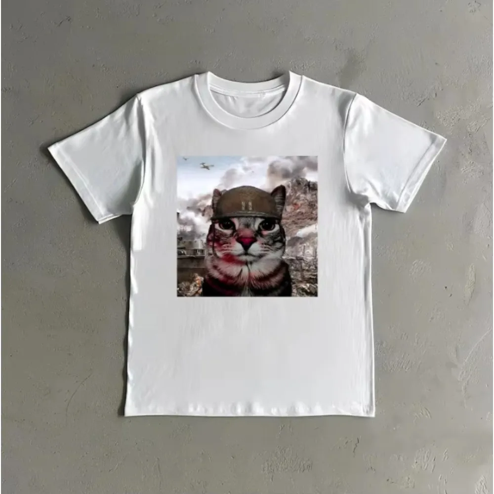 Vintage Military Cat Meme Short Sleeves T-Shirt Cool Aesthetic Soldier Cat Funny Gift Trendy Casual Streetwear Graphic Tee Tops