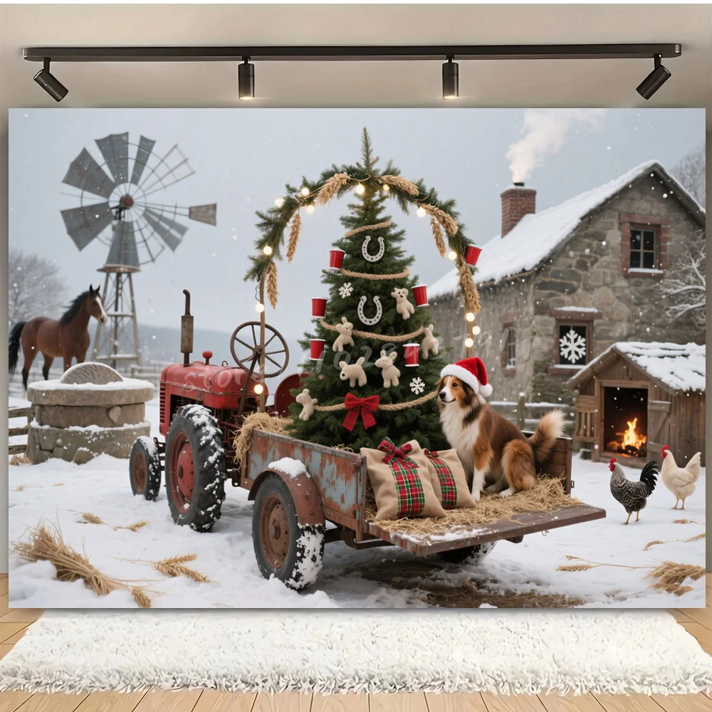 Christmas Decor Vinyl Backdrop Farm Tractor Xmas Tree Dog Windmill Snowy Background for European Festival Photography Props