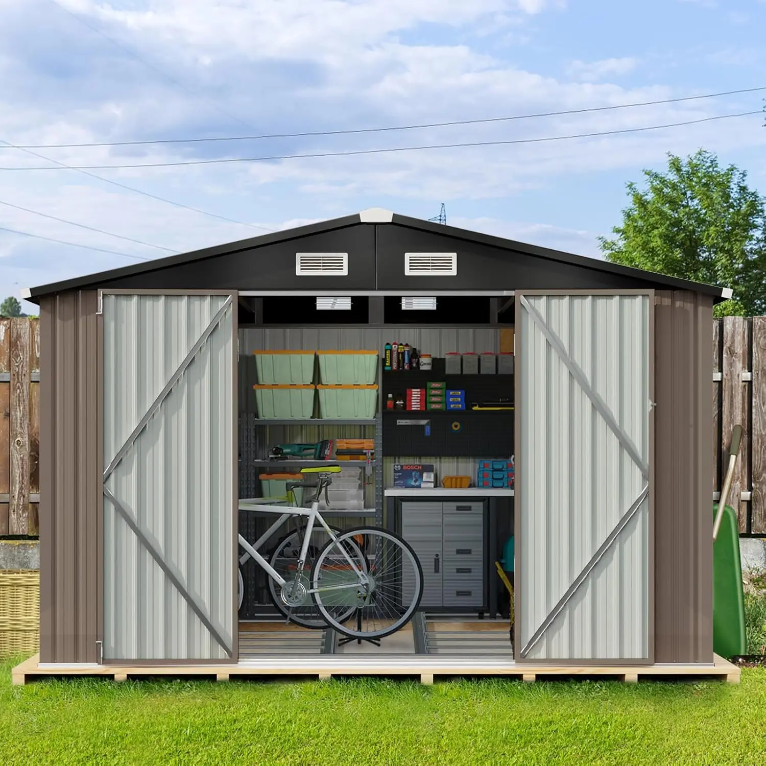 7.6’x9.7’ Outdoor Storage Shed with Base, Metal Steel Utility Tool Shed Storage House with Door & Lock