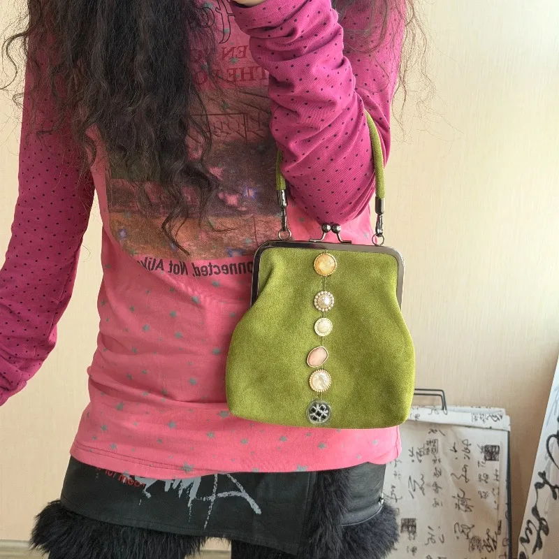 Original Vintage-Stil Knopf-Tasche Wildleder Umhängetasche Mini-Handtasche für Damen Bestseller – Detail 14