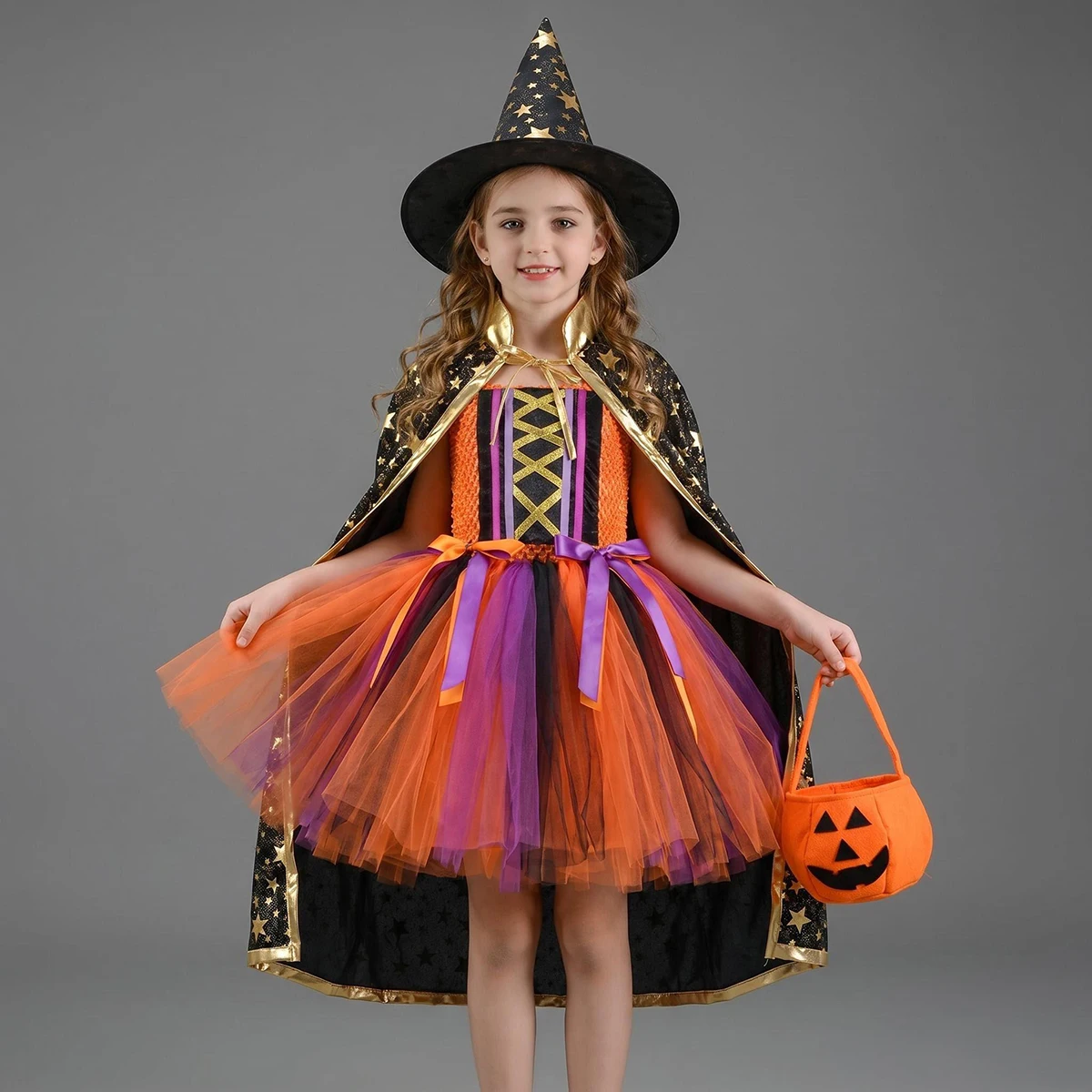 Girl's Magical Witch Costume Handmade Tutu Dress with Cape & Hat Cute Spooky Witch Outfit for Girl Halloween Party Clothes