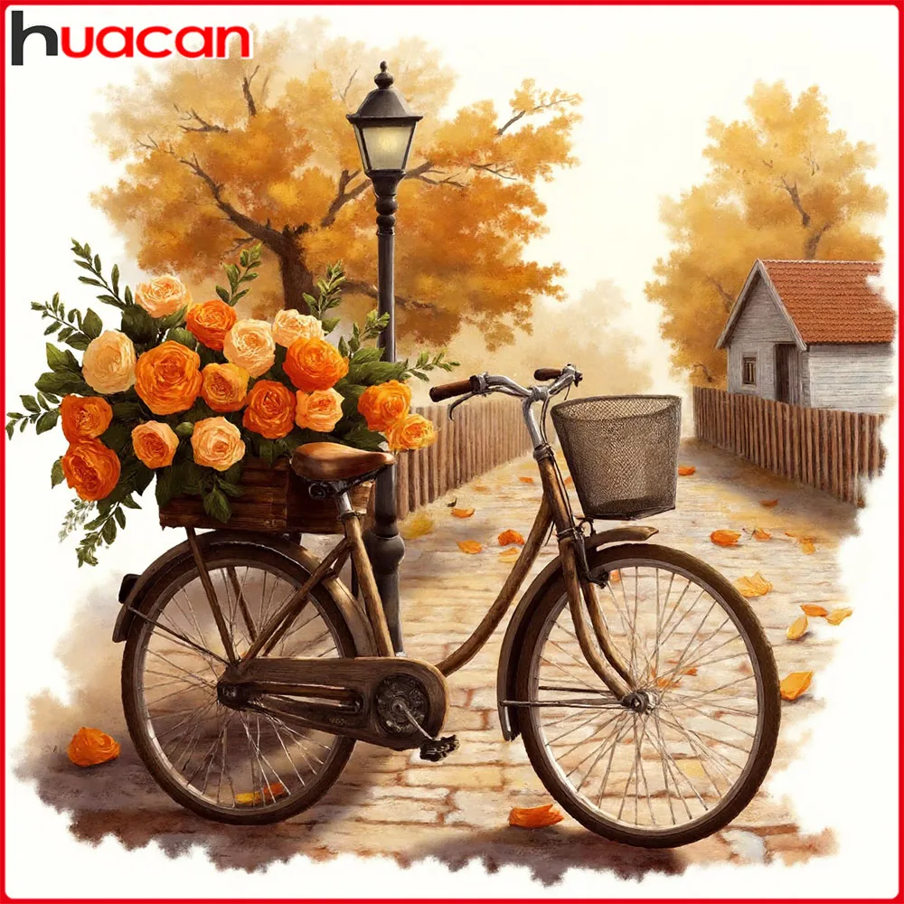 Huacan Neuheiten 2025, Diamant-Gemälde, Fahrrad, Herbst, Blume, Diamant-Mosaik, Landschaft, komplettes Set, Bastelset