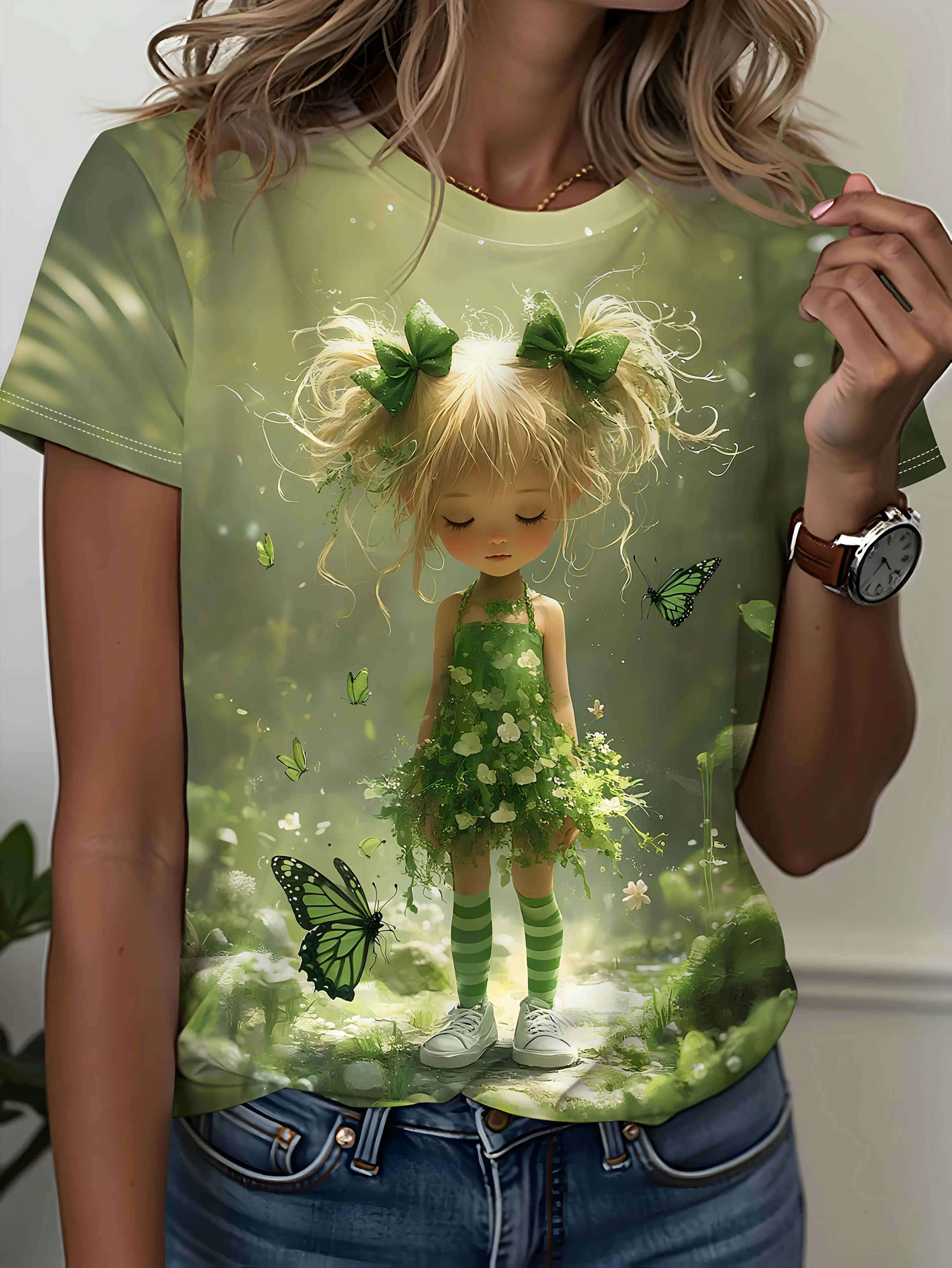 Women Green Elf Print Short Sleeve T-shirt Butterfly Surrounding Flowers and Grass Skirt Pattern Romantic Item for Spring Travel