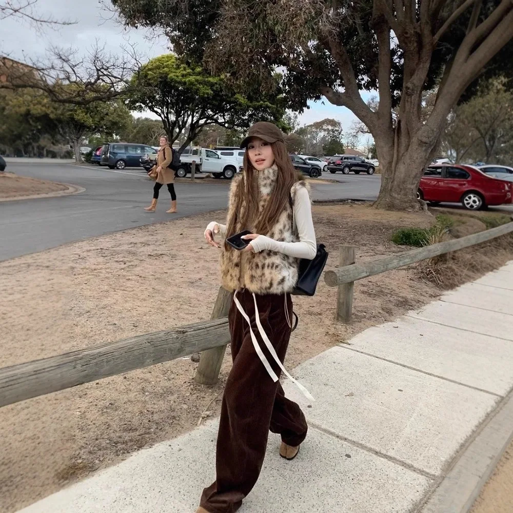 Femmes fausse fourrure gilet manteaux vestes de fourrure courte réversible fermeture éclair cordon col montant sans manches ample décontracté 2025 automne hiver