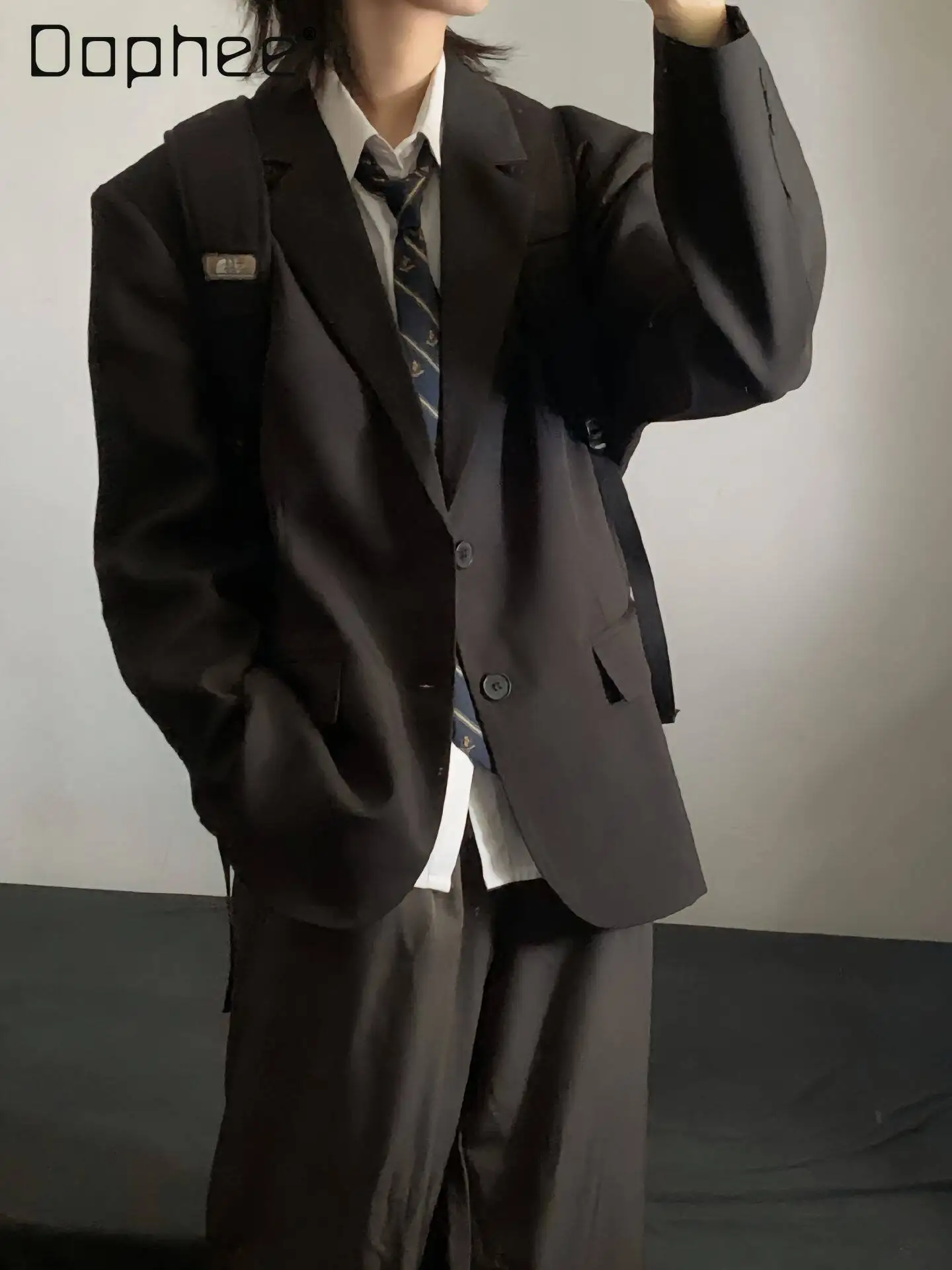Spring Autumn Men's Loose Casual Blazer Jacket Japanese Style College Style DK Uniform High-Waisted Black Pants White Shirt Set