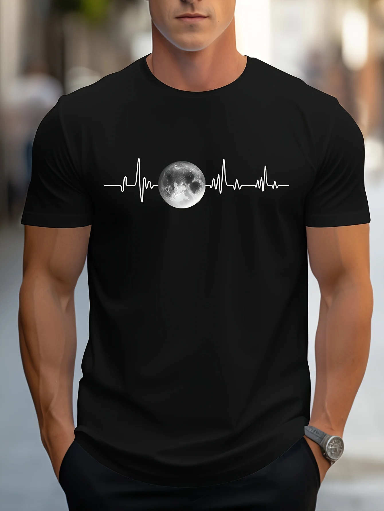 Summer men\'s 100% pure cotton sports casual loose fit plus size moon print comfortable round neck short sleeved T-shirt top