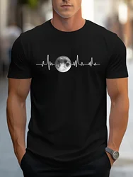 Summer men's 100% pure cotton sports casual loose fit plus size moon print comfortable round neck short sleeved T-shirt top