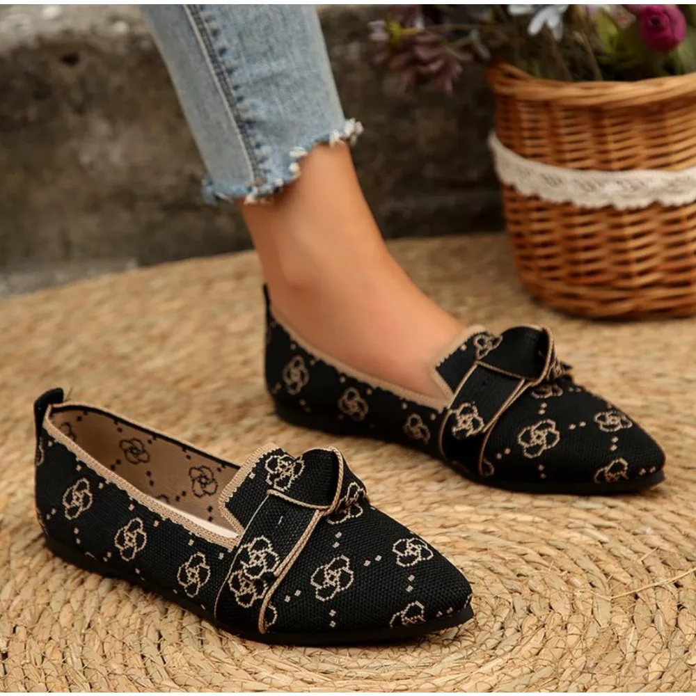 

New Women's Knitted Slip on Flats Breathable Comfortable Bowtie Walking Shoes Casual Pointed Toe Walking Sneakers Loafers