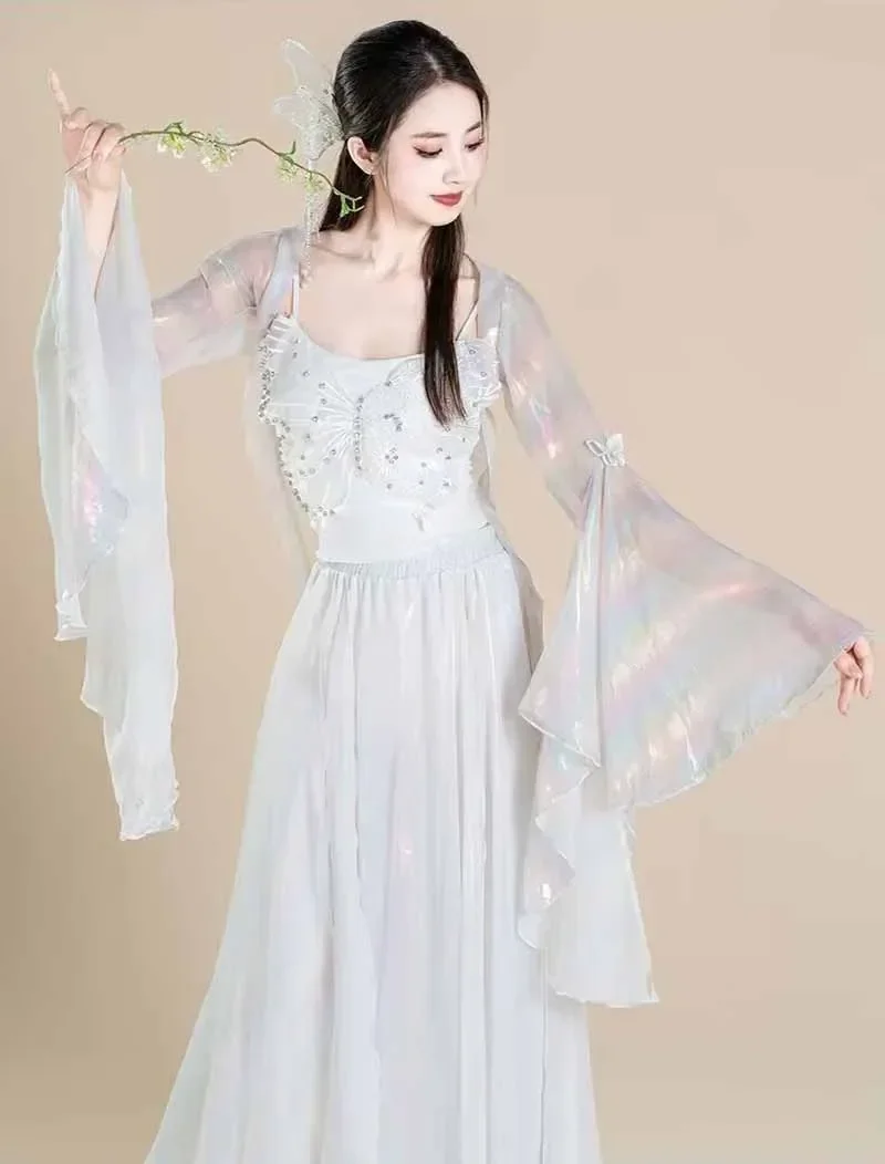 أزياء الرقص الكلاسيكي فراشة الشاش أنابيب كولوتيس 3 قطعة مجموعة النساء الصينية الجسم ممارسة موحدة الوردي الأبيض الأزرق فستان رقص