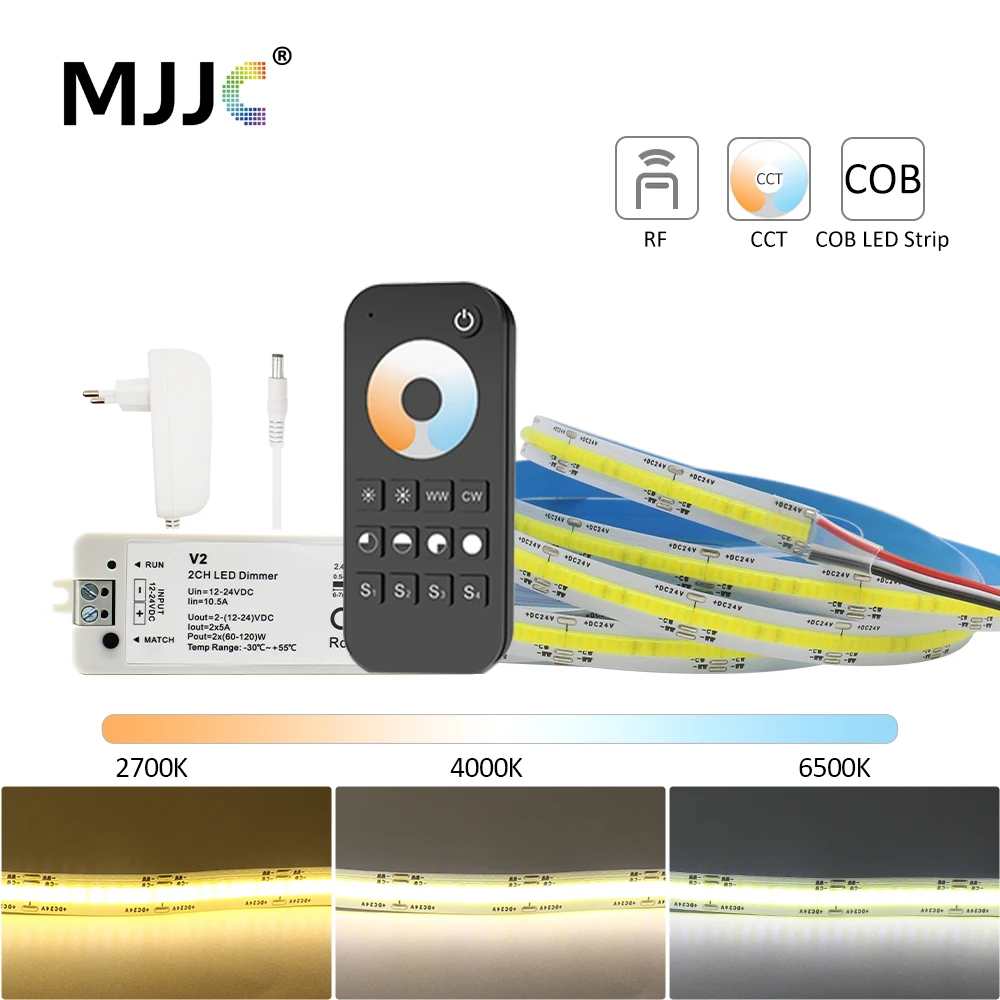 Bande lumineuse LED COB CCT à intensité variable, kit de télécommande sans fil RF, 1m, 2m, 3m, 4m, 5m, 24V, 608 puces, WW, CW, lampe à bande flexible, éclairage linéaire