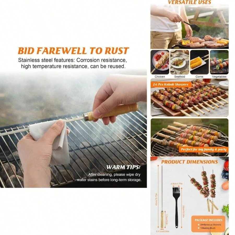 

【New style】WRENYZK 24 Pcs Barbecue Skewers With Wooden Handles, Kabob Skewers For Grilling, 15.75 Stainless Steel BBQ Skewer Wi